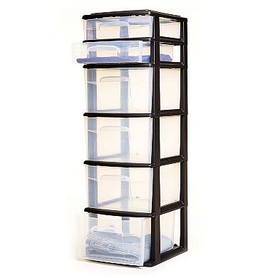 Homz Plastic 6 Clear Drawer Home Storage Container Tower, Black/Clear (2 Pack)