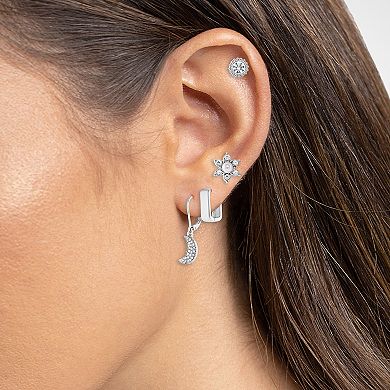 Emberly Silver Tone Crystal & Simulated Pearl Round & Flower Stud Earrings, Square Hoop Earrings, & Crescent Moon Drop Earrings Quad Set