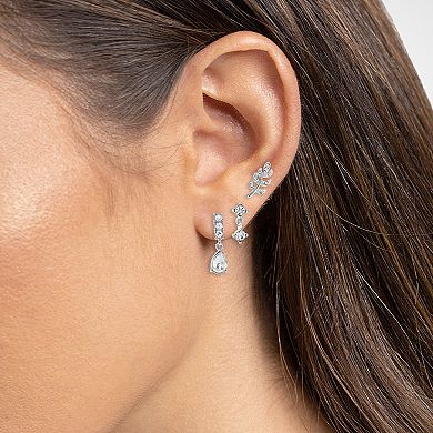 Emberly Silver Tone Crystal Double Drop Earrings, Leaf Stud Earrings, & Teardrop Drop Earrings Trio Set