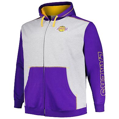 Men's Fanatics Branded Purple/Heather Gray Los Angeles Lakers Big & Tall Contrast Pieced Stitched Full-Zip Hoodie