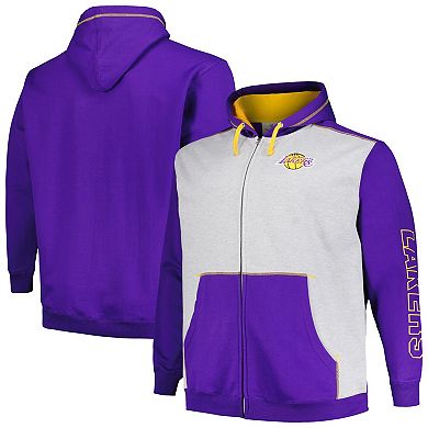 Men's Fanatics Branded Purple/Heather Gray Los Angeles Lakers Big & Tall Contrast Pieced Stitched Full-Zip Hoodie