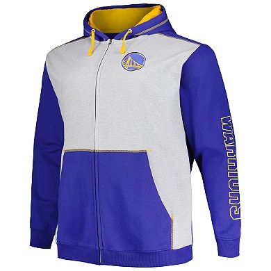 Men's Fanatics Branded Royal/Heather Gray Golden State Warriors Big & Tall Contrast Pieced Stitched Full-Zip Hoodie