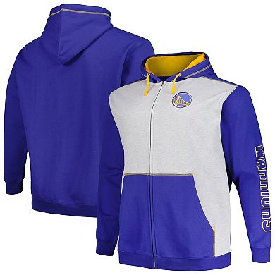Men's Fanatics Branded Royal/Heather Gray Golden State Warriors Big & Tall Contrast Pieced Stitched Full-Zip Hoodie