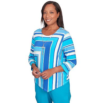 Petite Alfred Dunner Blue Corners Striped Top With Necklace