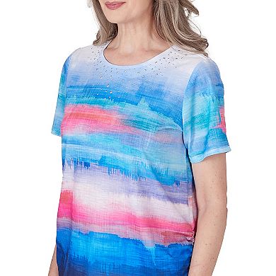 Petite Alfred Dunner Crew Neck Short Sleeve Watercolor Stripe Top with Side Ruching