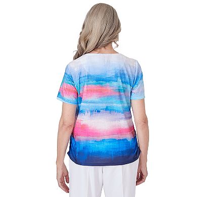 Petite Alfred Dunner Crew Neck Short Sleeve Watercolor Stripe Top with Side Ruching