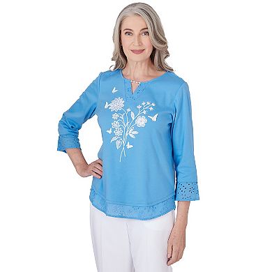 Petite Alfred Dunner Floral Embroidery Top with Eyelet Details
