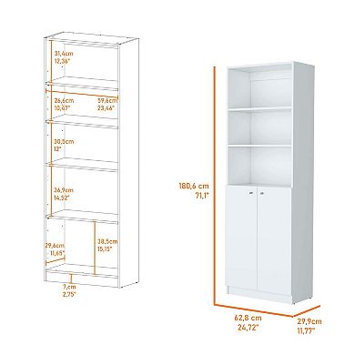 Sutton 2-door Bookcase, Storage With Multi-level Shelves And Double Door Design