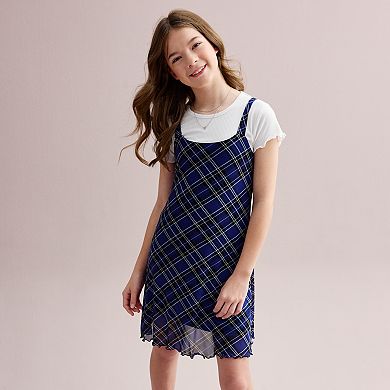 Girls 7-16 Knit Works 3-Piece Power Mesh Slip Dress, Short Sleeve T-Shirt & Necklace Set