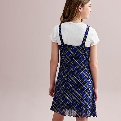 Girls 7-16 Knit Works 3-Piece Power Mesh Slip Dress, Short Sleeve T-Shirt & Necklace Set