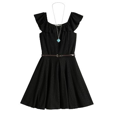 Girls 7-20 Knit Works Ruffle Skater Dress with Necklace & Belt in Regular & Plus Size