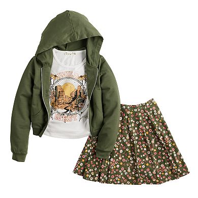 Girls Knit Works Long Sleeve Hoodie, Short Sleeve Wild West Screen Tee, and Flared Skirt 3-Piece Set