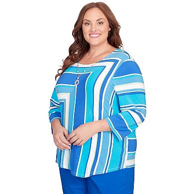 Plus Size Alfred Dunner Blue Corners Striped Top With Necklace