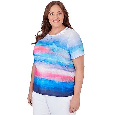 Plus Size Alfred Dunner Crew Neck Short Sleeve Watercolor Stripe Top with Side Ruching
