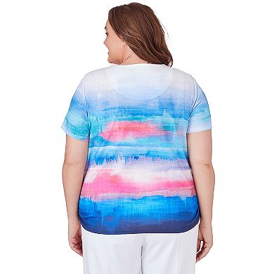 Plus Size Alfred Dunner Crew Neck Short Sleeve Watercolor Stripe Top with Side Ruching