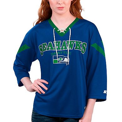 Women's Starter Navy Seattle Seahawks Rally Lace-Up 3/4 Sleeve T-Shirt