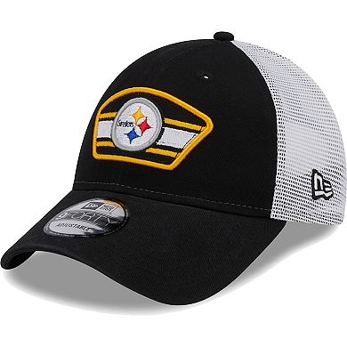 Men's New Era Black/White Pittsburgh Steelers Logo Patch Trucker 9FORTY Snapback Hat