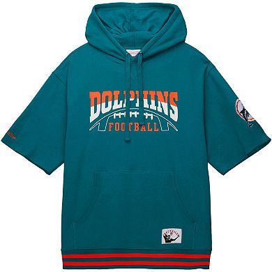 Men's Mitchell & Ness Aqua Miami Dolphins Pre-Game Short Sleeve Pullover Hoodie