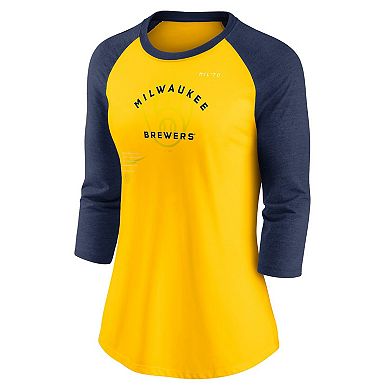 Women's Nike Gold/Navy Milwaukee Brewers Next Up Tri-Blend Raglan 3/4-Sleeve T-Shirt