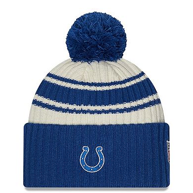 Men's New Era  Cream/Royal Indianapolis Colts 2022 Sideline Sport Cuffed Pom Knit Hat
