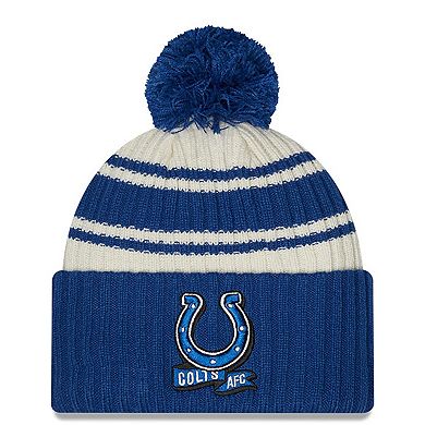 Men's New Era  Cream/Royal Indianapolis Colts 2022 Sideline Sport Cuffed Pom Knit Hat