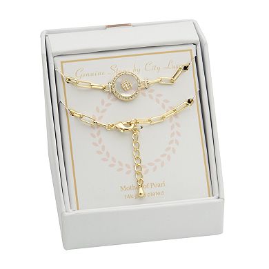 City Luxe Gold Tone Mother of Pearl & Cubic Zirconia Disk Adjustable Chain Bracelet