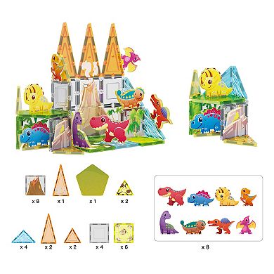 Picassotiles 38pc Magnet Tiles Building Blocks Dinosaur Theme Set With 8 Magnetized Action Figures