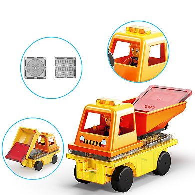 Picassotiles Magnet Tile Building Blocks 3-in-1 Crane, Dump Truck, And Ladder Construction Vehicle