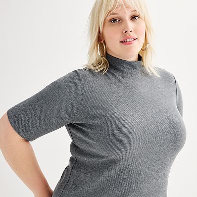 Plus Size Nine West Elbow Sleeve Fitted Mock Neck Top