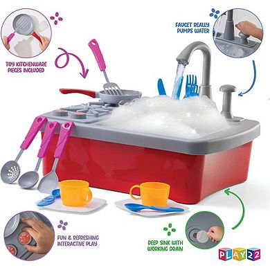 17 Pc Play Sink with Running Water - Kitchen Sink Toy with Real Faucet & Drain, Dishes, Utensils