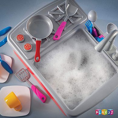 17 Pc Play Sink with Running Water - Kitchen Sink Toy with Real Faucet & Drain, Dishes, Utensils