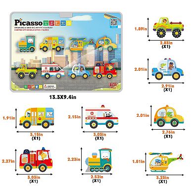 Picassotiles 8pc Magnet Building Blocks Metro City 8 Vehicle Magnetized Action Figures