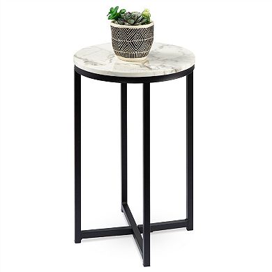 Round Cross Leg Design Coffee Side Table Nightstand With Faux Marble Top