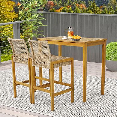 Set Of 2 Rattan Patio Wood Barstools Dining Chairs With Backrest