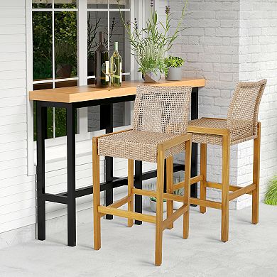 Set Of 2 Rattan Patio Wood Barstools Dining Chairs With Backrest