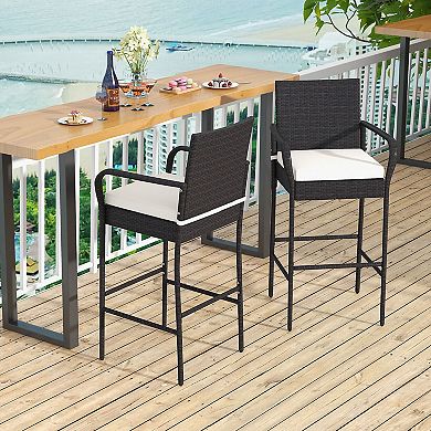 Outdoor PE Rattan Cushioned Barstool Set with Armrests