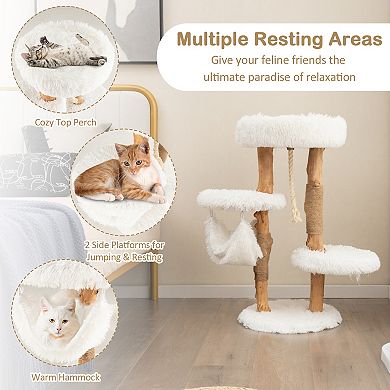 Solid Wood Cat Tower With Jute Scratching Posts And Hanging Rope For Indoor Cats