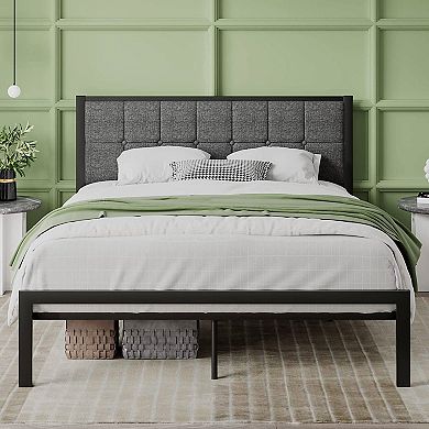 Queen Metal Platform Bed Frame With Grey Button Tufted Upholstered Headboard