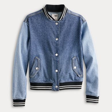 Juniors' SO® Jean Varsity Jacket