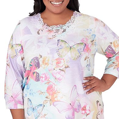 Plus Size Alfred Dunner Three Quarter Sleeve Butterfly Top