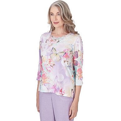 Petite Alfred Dunner Three Quarter Sleeve Butterfly Top