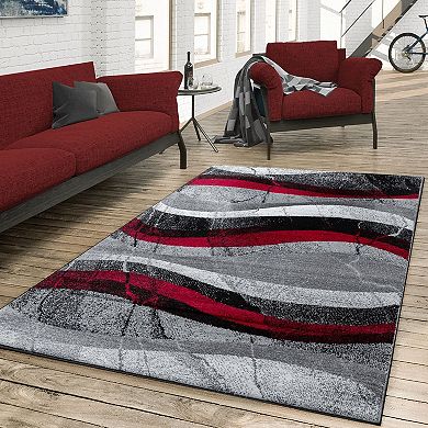 Grey Red Designer Rug With Modern Wave Effect Abstract