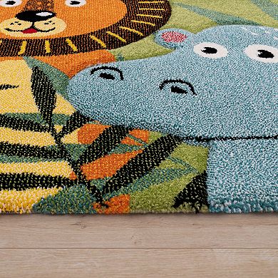 Kids Rug With Jungle Animal Motif In Green