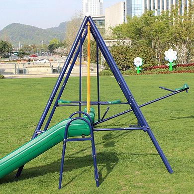 F.c Design Metal Swing Set With Slide - Outdoor Playset - Sturdy Steel Frame And  Slide