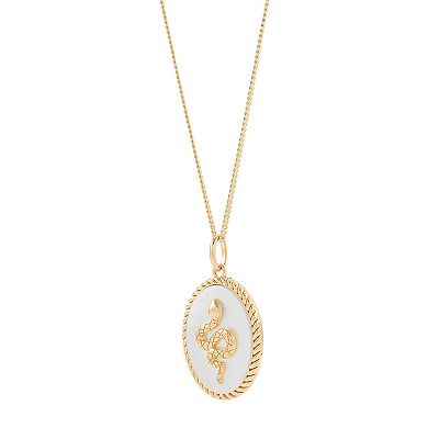 14k Gold Over Sterling Silver Mother of Pearl Snake Disk Pendant Necklace