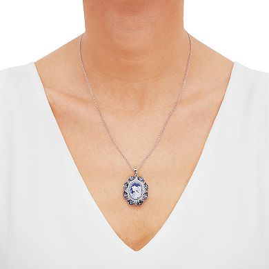 Sterling Silver Blue Crystal Angel Cameo Pendant Necklace