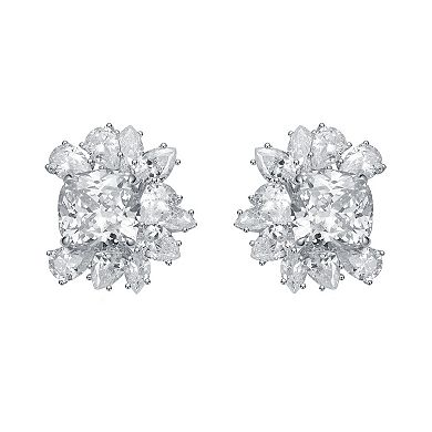 Silver Tone Cubic Zirconia Flower Cluster Stud Earrings