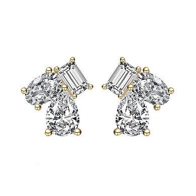 Cubic Zirconia Three-Stone Cluster Stud Earrings