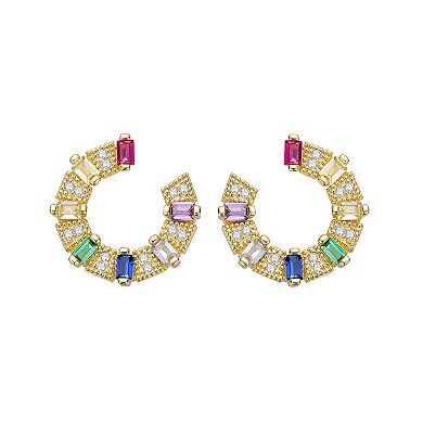 Gold Tone Rainbow & White Cubic Zirconia Front-Facing C-Hoop Earrings