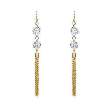 Gold Tone Cubic Zirconia Chain Fringe Dangle Earrings